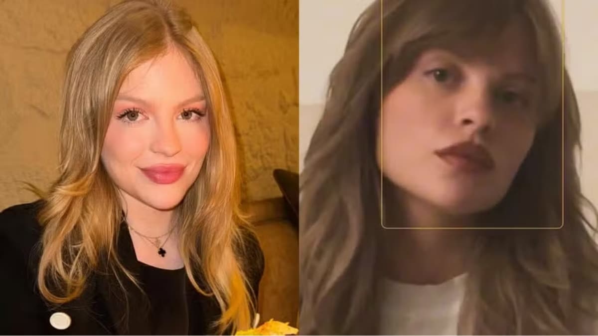 Comparação antes e depois de Luísa Sonza: à esquerda com cabelo loiro platinado e maquiagem marcante (fama), à direita com cabelo castanho natural e visual adolescente (antes da fama)