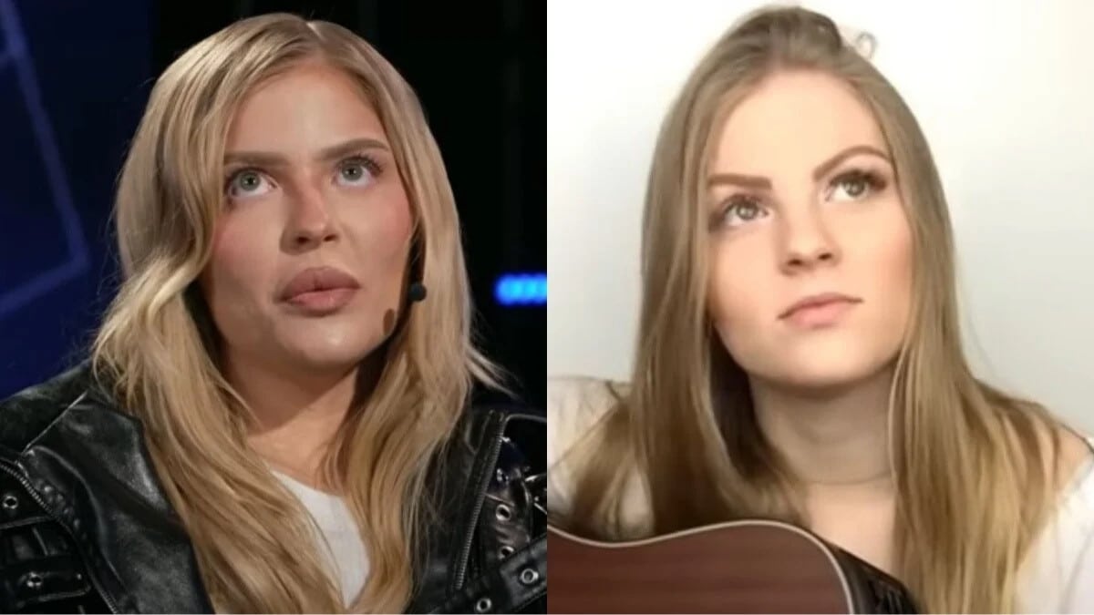 Comparação antes e depois de Luísa Sonza: à esquerda no palco com cabelo loiro e jaqueta de couro (fama atual), à direita adolescente com cabelo castanho segurando violão (início da carreira)