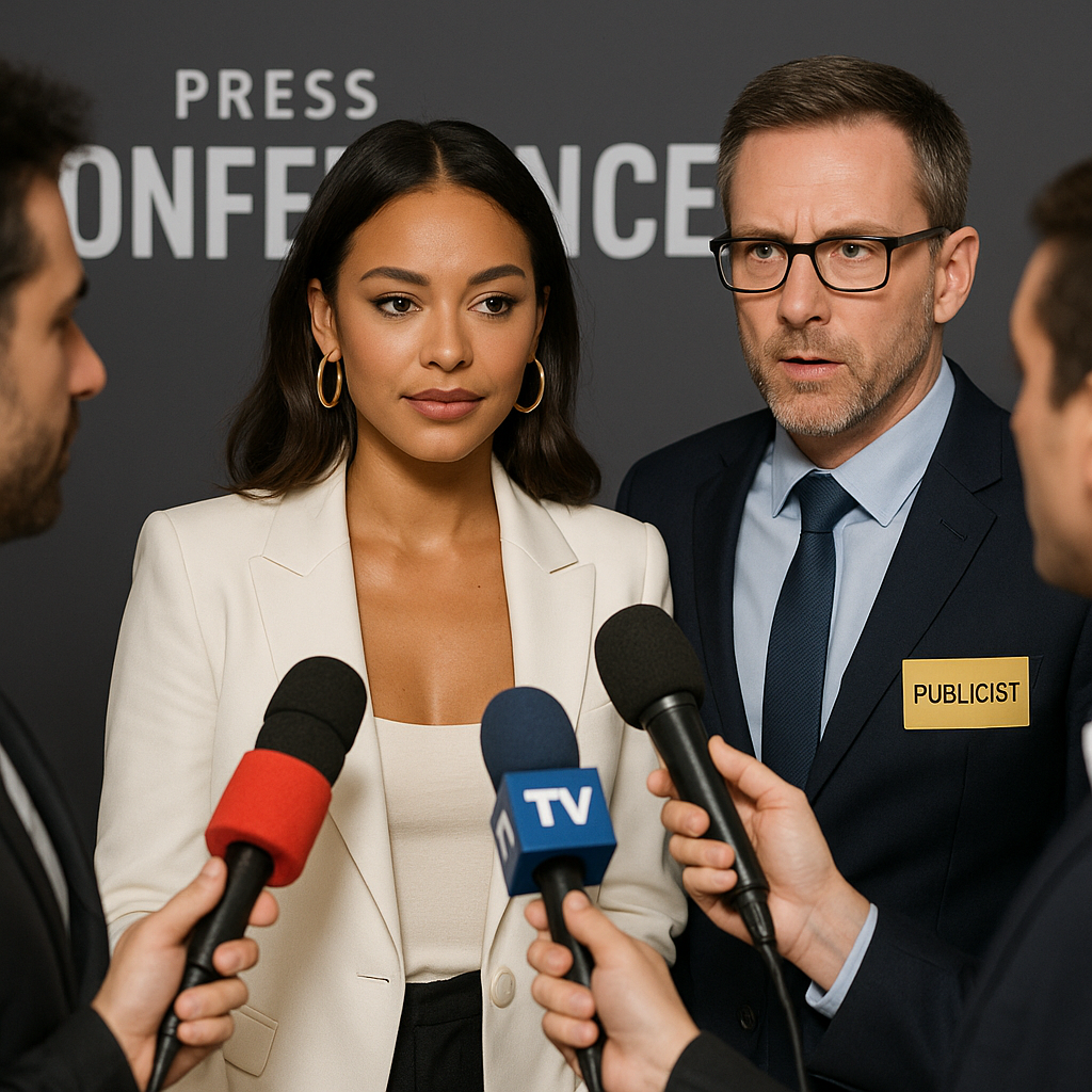Celebridade em coletiva de imprensa acompanhada pela assessoria, representando gerenciamento de imagem profissional.