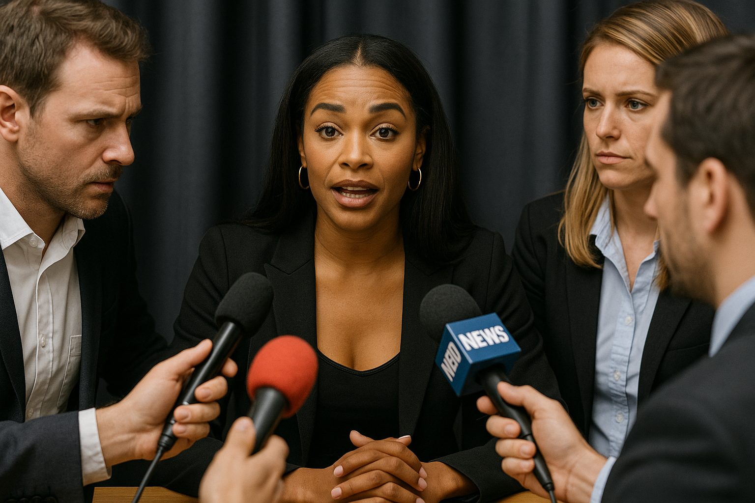 Celebridade em entrevista formal com suporte de assessores profissionais, ilustrando gerenciamento de imagem.