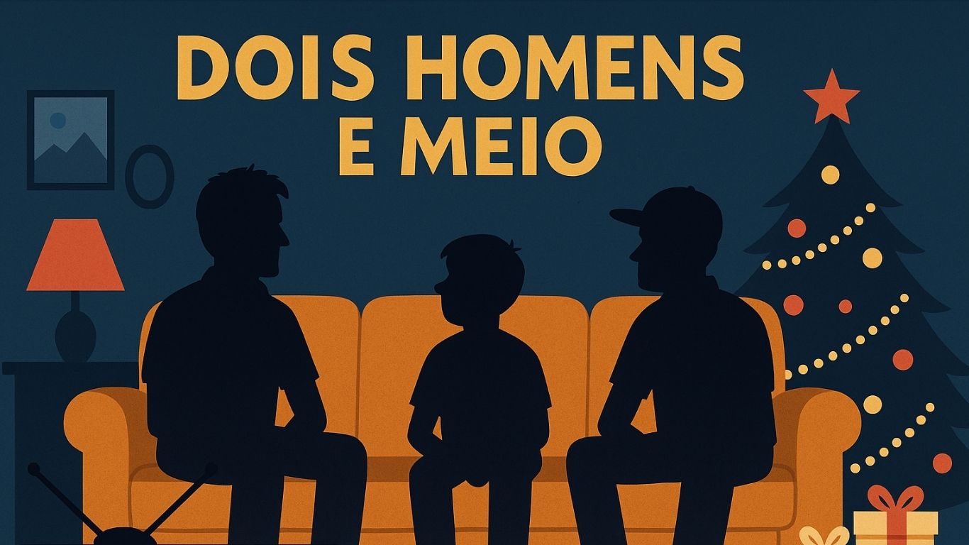 Ilustração em estilo flat de três silhuetas sentadas em um sofá representando os personagens principais de uma sitcom, com ambiente aconchegante, árvore de Natal e detalhes de sala.