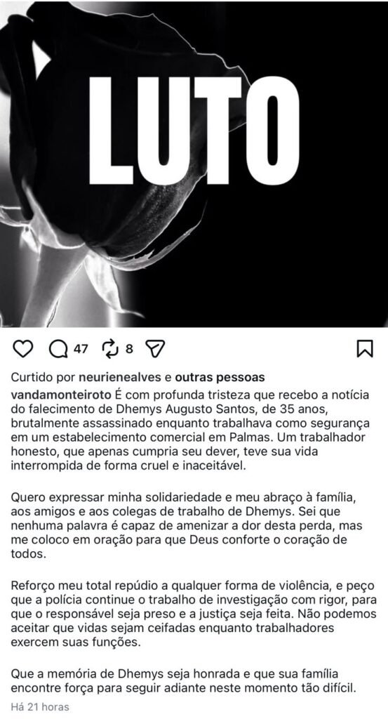 Dep. Vanda Monteiro presta solidariedade ao vigilante assassinado em Palmas Tocantins