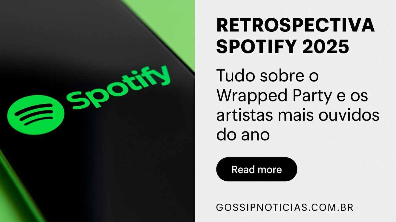 Imagem promocional com o logo verde do Spotify em destaque sobre fundo preto e verde, representando a Retrospectiva Spotify 2025 e o Wrapped Party.