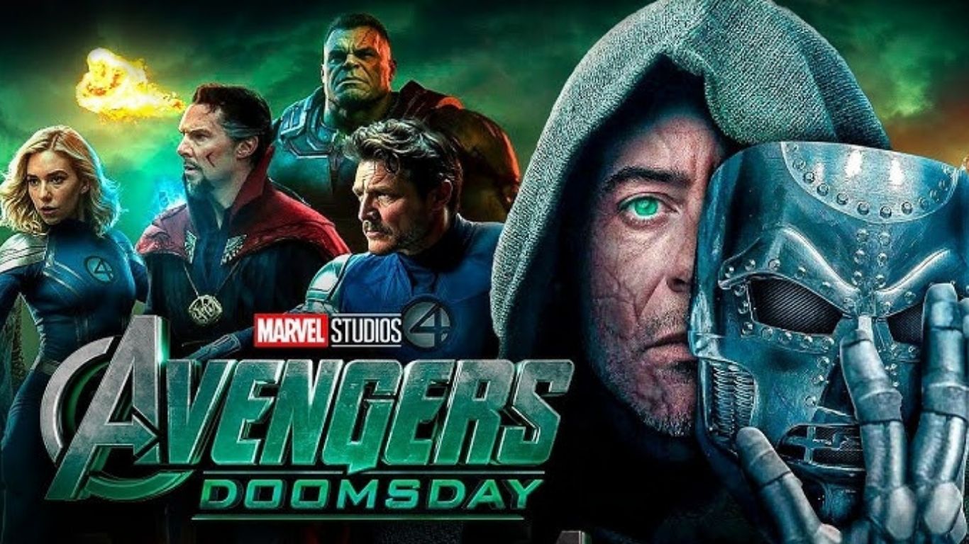 Elenco de heróis da Marvel em destaque ao lado do Doutor Destino na arte oficial do filme Avengers Doomsday.