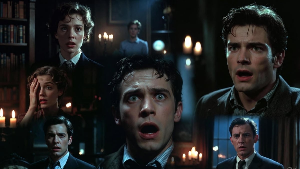 Montagem de cenas de filmes com plot twist mostrando personagens em choque e suspense durante reviravoltas inesperadas, incluindo clássicos como Garota Exemplar e Corra!