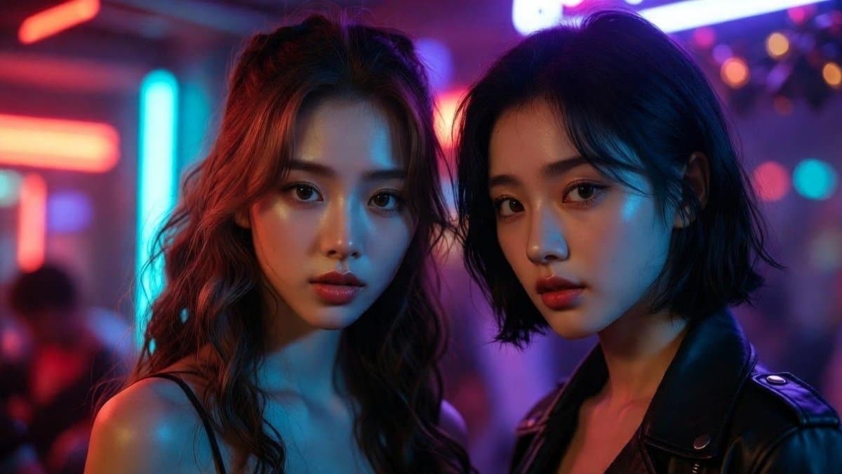 Integrantes do NewJeans em foto oficial com iluminação neon roxa e azul, representando a polêmica da saída de Danielle e retorno de Hanni em dezembro de 2025
