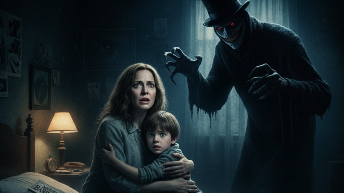 Cena inspirada no filme O Babadook (2014), terror psicológico com atmosfera sombria e sensação de medo