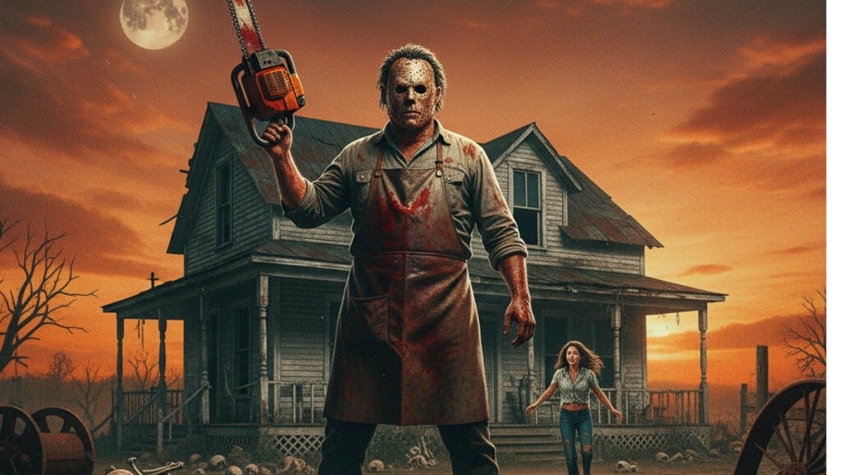 Imagem inspirada no filme O Massacre da Serra Elétrica (1974), terror cru e perturbador