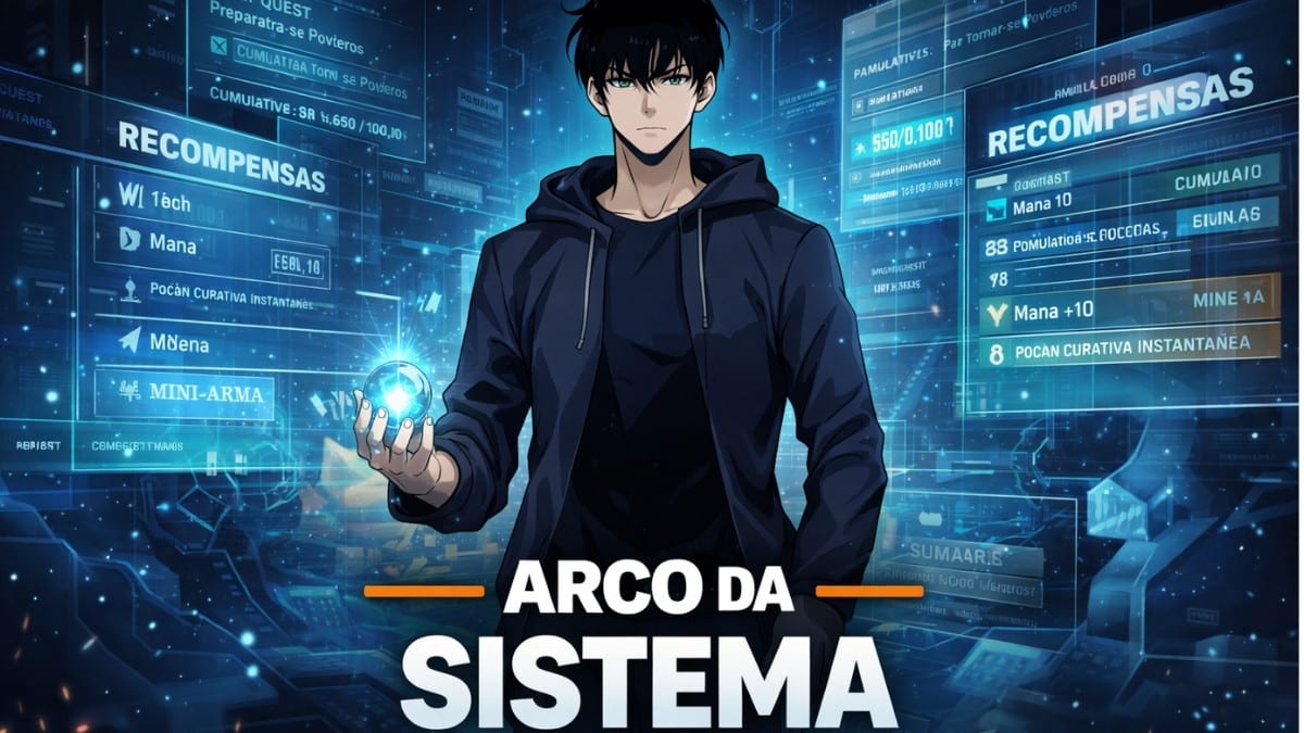 Arco do Sistema em Solo Leveling, mostrando Sung Jin-Woo interagindo com o sistema de níveis e recompensas