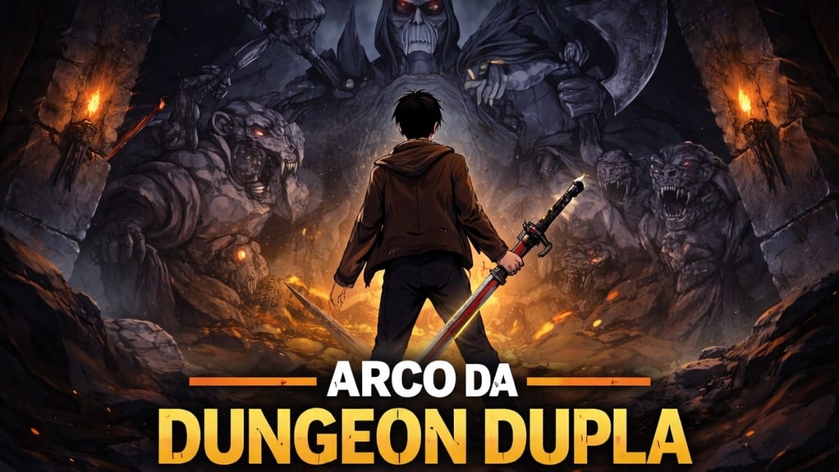 Arco 1 de Solo Leveling mostra Sung Jin-Woo na Dungeon Dupla enfrentando estátuas gigantes