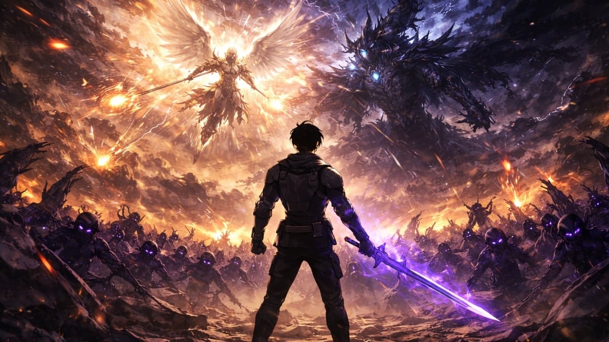 Sung Jin-Woo no arco da Guerra Final de Solo Leveling enfrentando os Monarcas em batalha épica