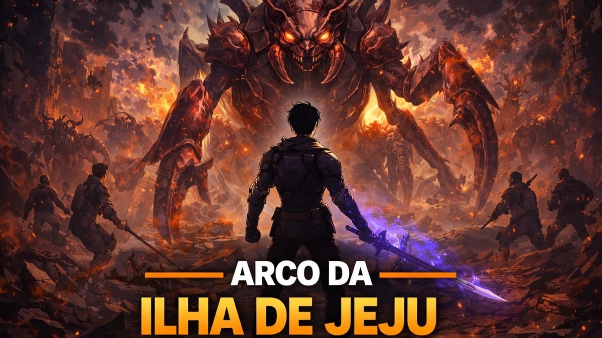 Arco da Ilha de Jeju em Solo Leveling com Sung Jin-Woo enfrentando formigas mágicas
