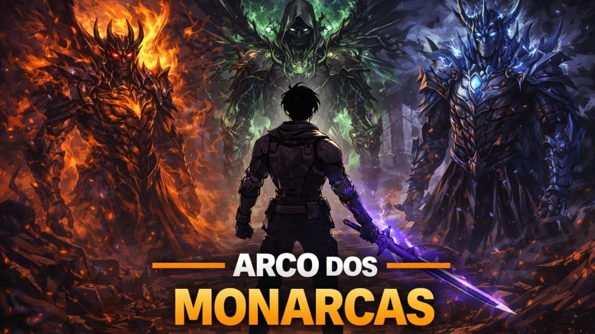 Sung Jin-Woo no Arco dos Monarcas de Solo Leveling, enfrentando os Monarcas em uma batalha decisiva pelo destino da humanidade.