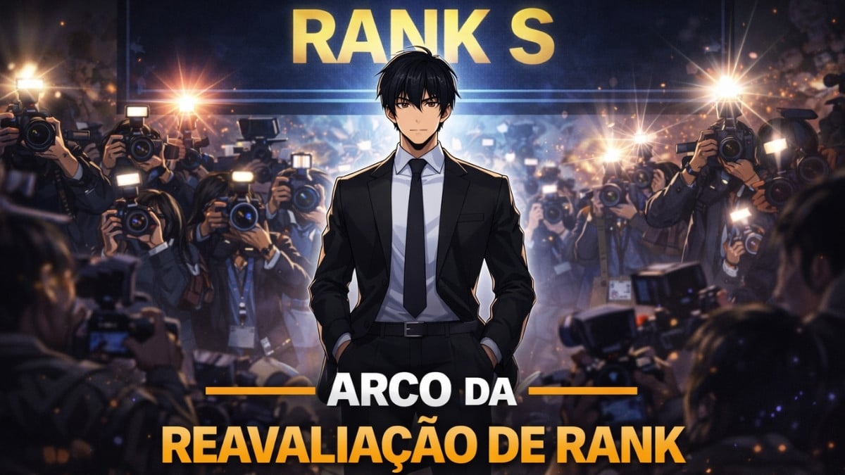 Sung Jin-Woo durante o Arco da Reavaliação de Rank em Solo Leveling, momento em que seu verdadeiro poder começa a ser revelado.