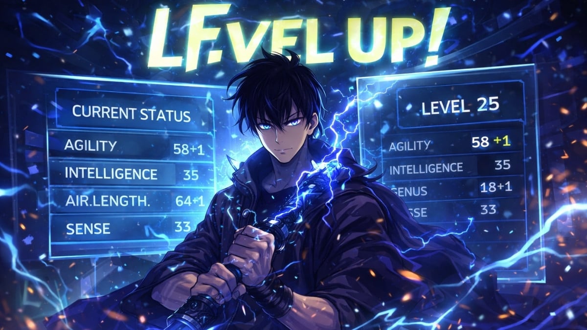 Sung Jin-Woo evoluindo de nível em Solo Leveling com o sistema de status ativo