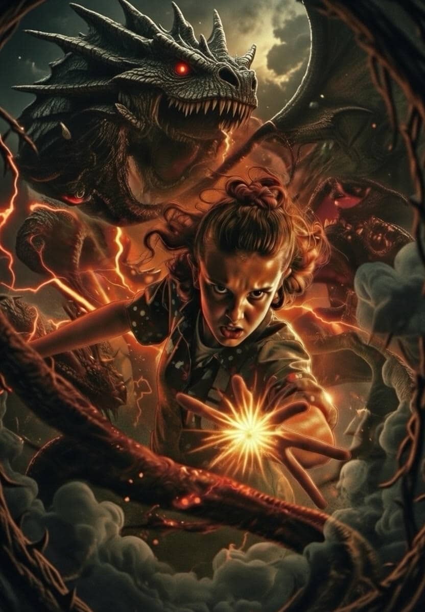 Arte fan-made épica de Stranger Things Season 5 finale mostrando Eleven (Millie Bobby Brown) usando poderes contra um dragão colossal do Upside Down com olhos vermelhos e asas, em batalha final intensa