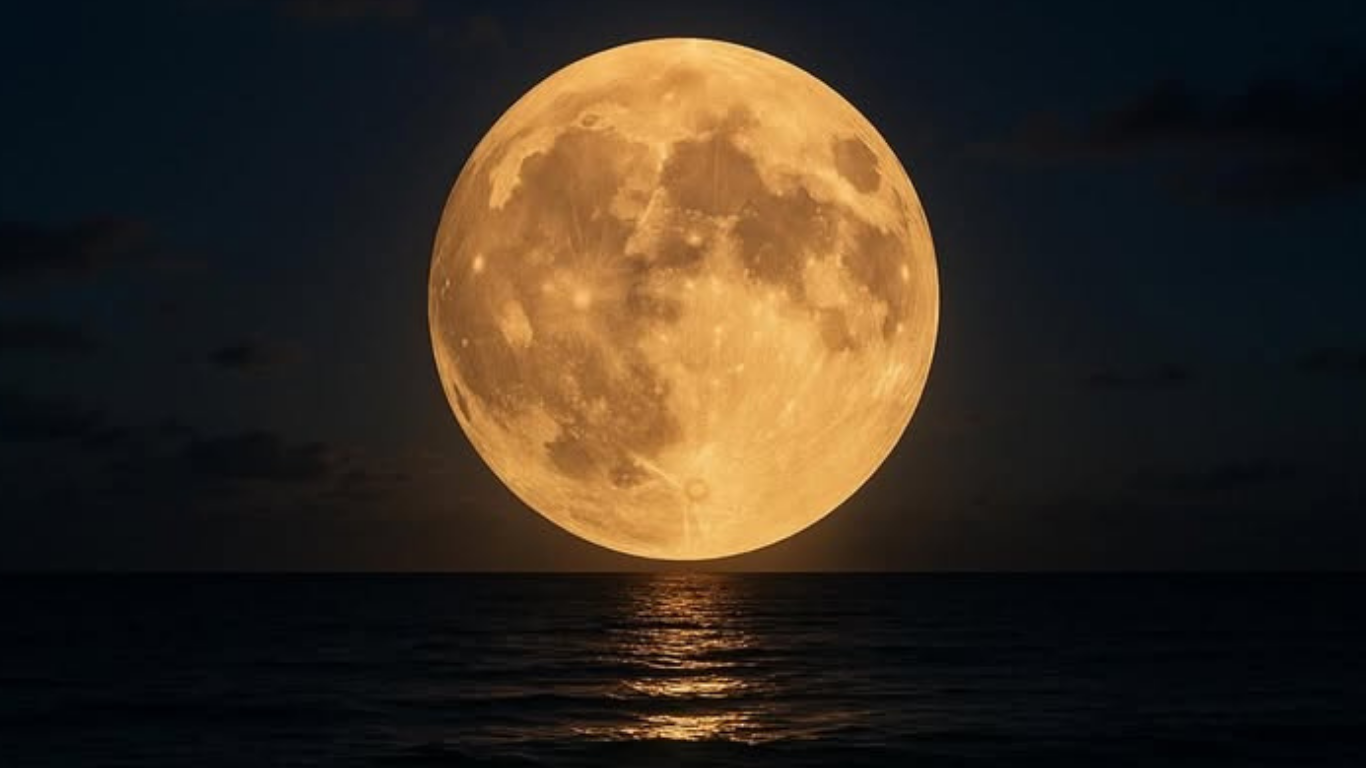Superlua brilhante surgindo sobre o mar durante a noite, refletindo luz dourada na água, em fenômeno astronômico raro observado em 4 de dezembro de 2025.
