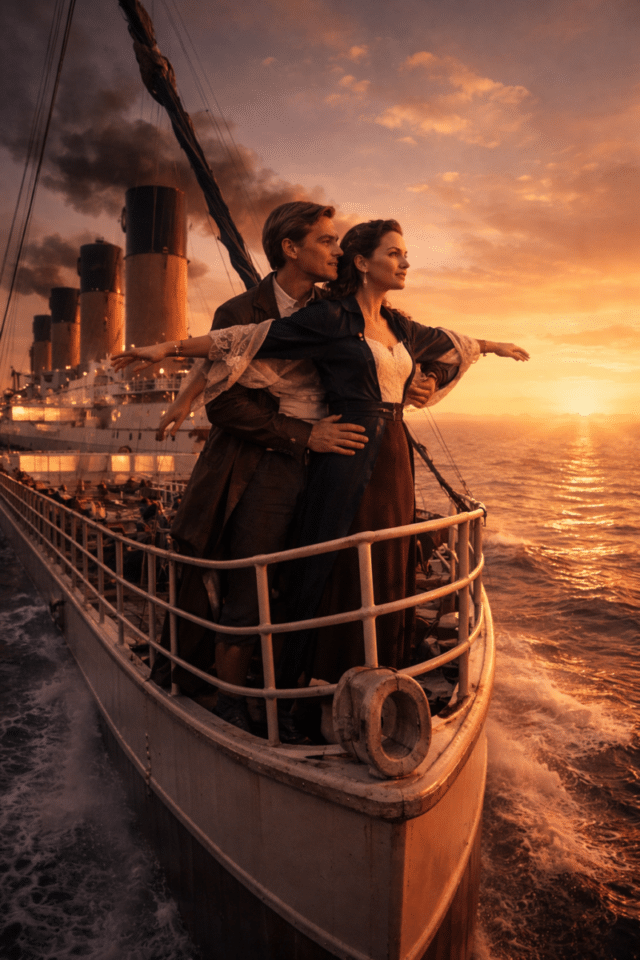 Cena do filme Titanic com Jack e Rose na proa do navio