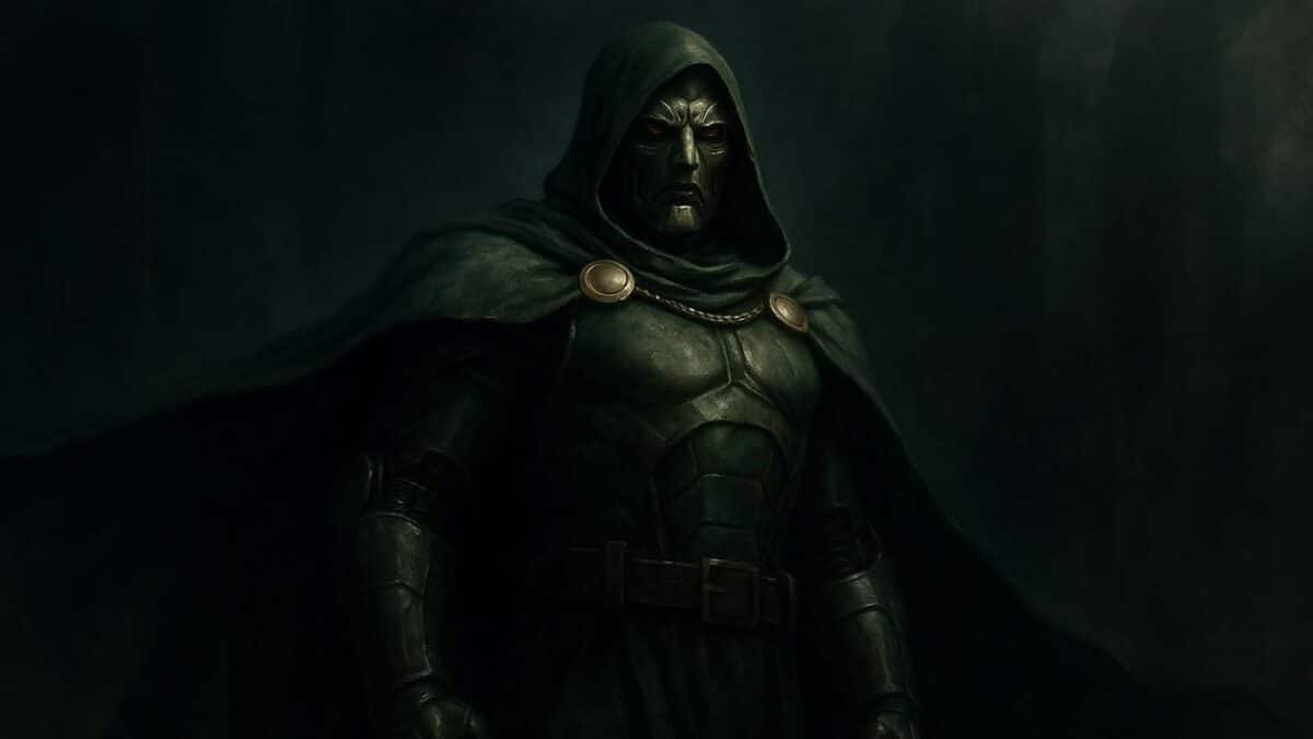 Doutor Destino Vilão mascarado de Vingadores: Doomsday com armadura verde em clima sombrio