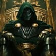 Vilão mascarado sentado em trono imponente em referência a Guerras Secretas da Marvel