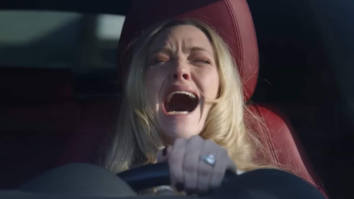 Cena intensa de A Empregada mostra personagem em desespero ao volante, simbolizando o clímax emocional e psicológico do suspense.