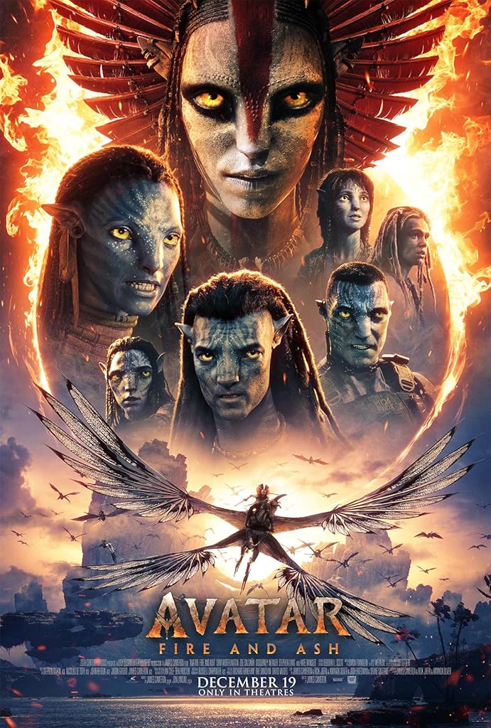 Pôster oficial do filme Avatar Fogo e Cinzas com personagens centrais da saga