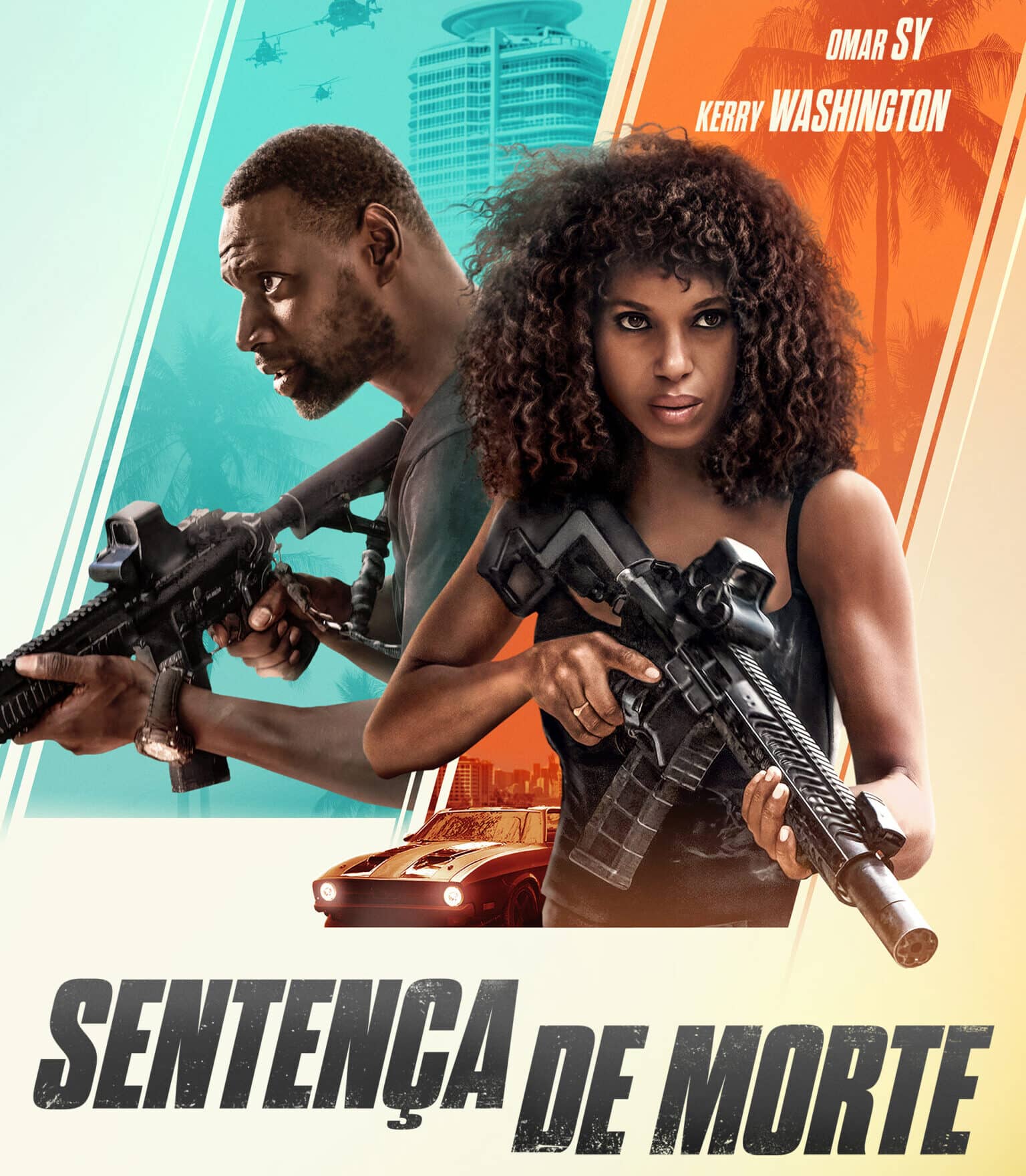 Pôster do filme Sentença de Morte, do Prime Video, com Omar Sy e Kerry Washington armados em cena de ação