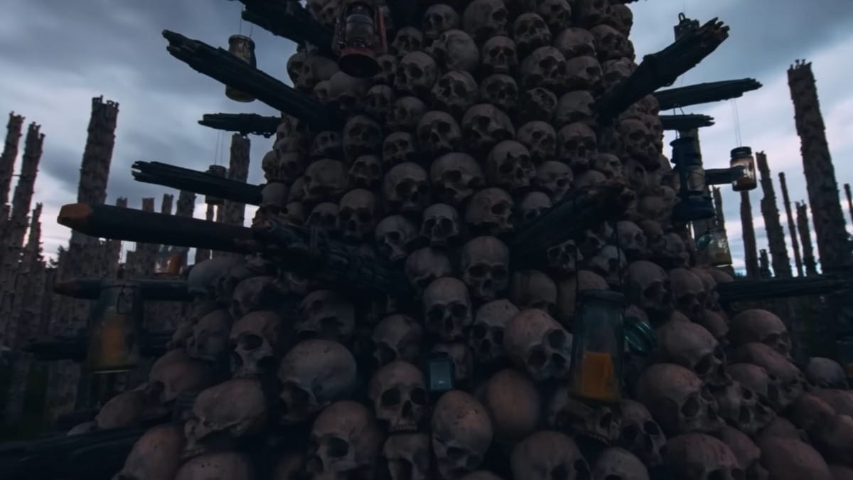 Estrutura gigante feita de crânios e ossos em cena de Extermínio: O Templo dos Ossos (2026)