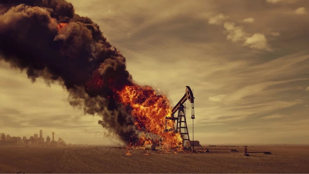 Plataforma de petróleo em chamas simboliza os riscos da indústria em Landman