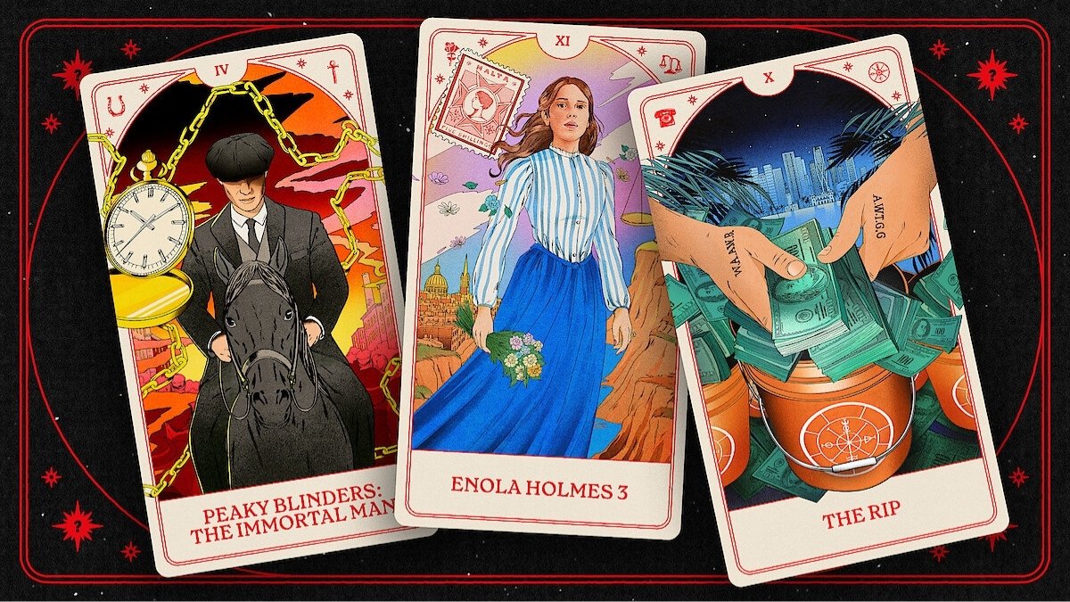 Ilustração editorial destacando filmes da Netflix em 2026, com referências a Peaky Blinders, Enola Holmes 3 e The Rip