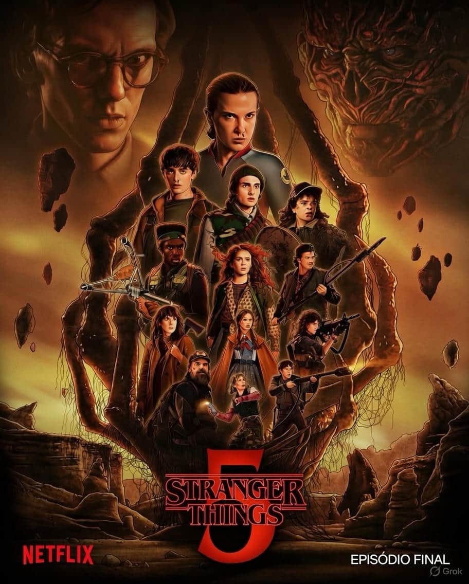 Pôster oficial de Stranger Things Season 5 episódio final com o elenco completo (Eleven, Mike, Will, Dustin, Lucas, Max, Steve, Nancy e outros)