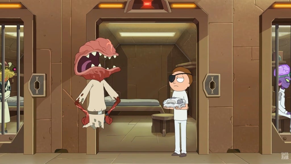 Morty Maligno preso pelos Shleemypants na 9ª temporada de Rick and Morty