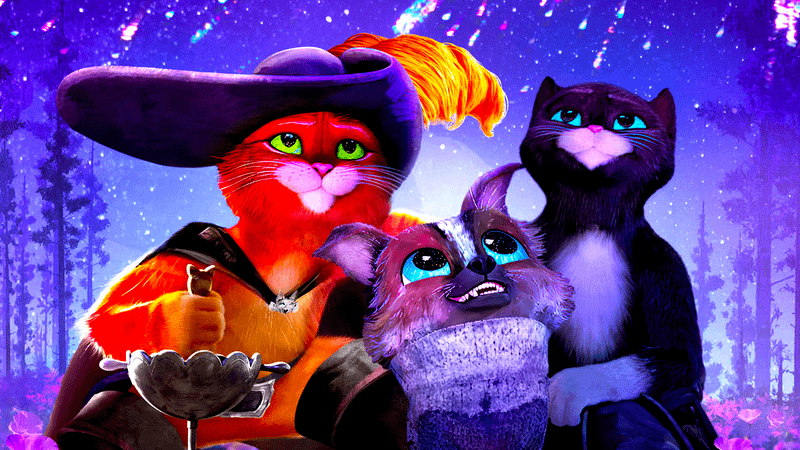 Gato de botas em cena de ação do filme de animação
