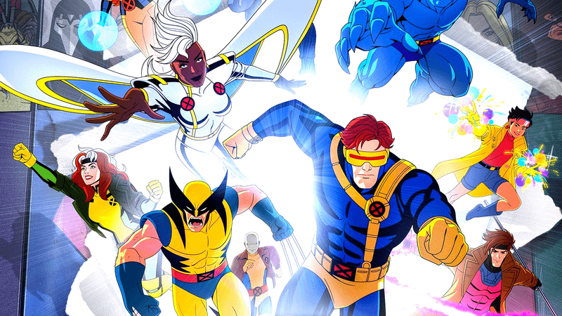 Cena de ação com personagem de X-Men em uniforme amarelo e azul
