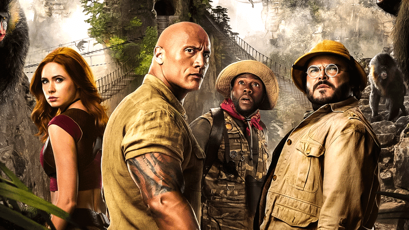 Cena do filme Jumanji com personagens da sequência de 2026
