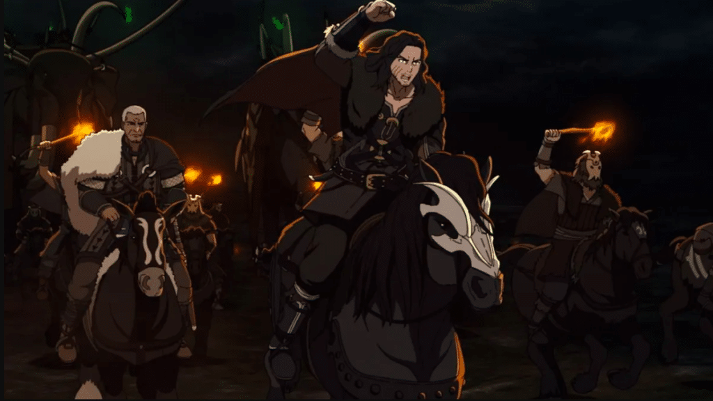 Cena de batalha de A Guerra dos Rohirrim com guerreiros em combate intenso
