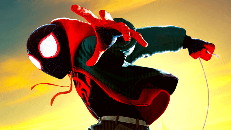 Cena do filme Spider-Verse com personagem em ação contra fundo colorido