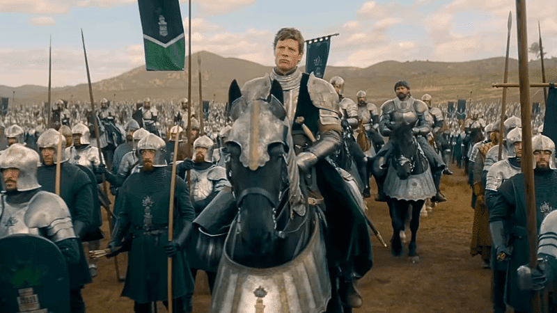 Cena de batalha épica da série House of the Dragon temporada 3 com dragões e exércitos em guerra