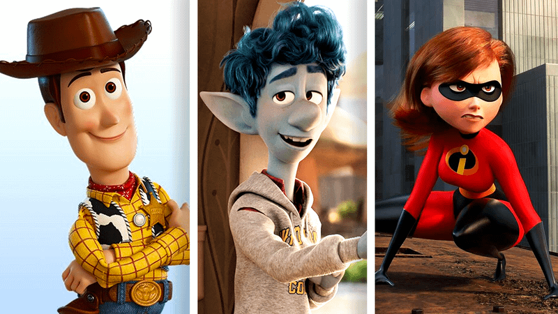 Personagens animados da Pixar em estilo visual clássico, representando 30 anos de evolução