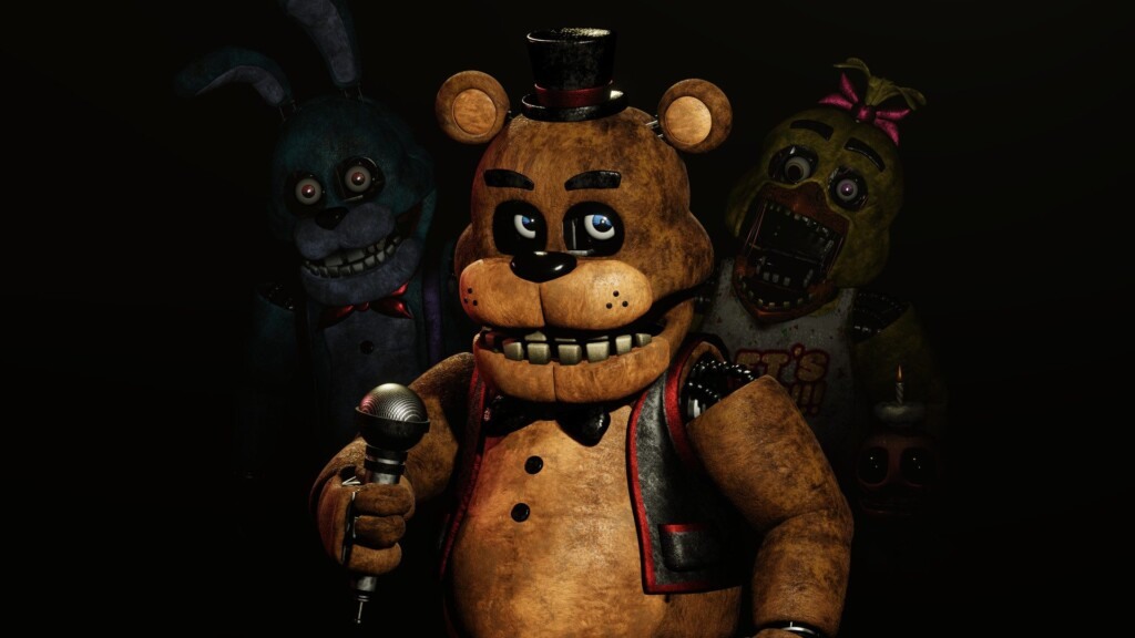 Pôster oficial de Five Nights at Freddy's 3 com animatrônicos da franquia