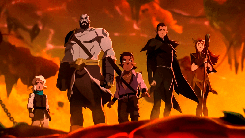 Cena da série Lenda de Vox Machina mostrando personagens em cenário épico