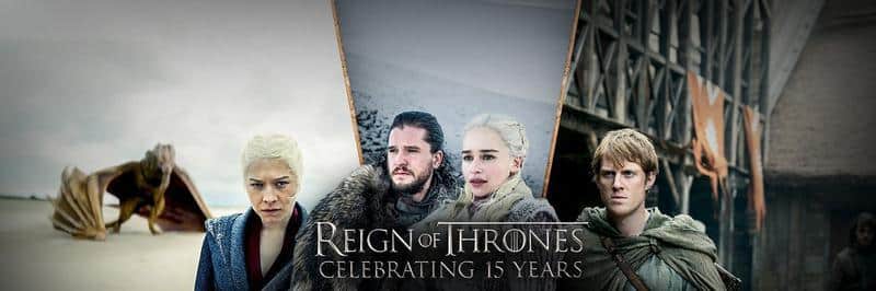 Pôster histórico de Game of Thrones reunindo a trilogia em comemoração aos 15 anos da série HBO