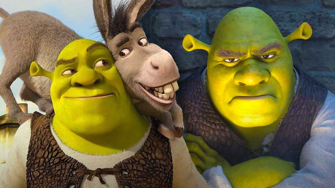 Comparação visual entre Shrek 1 e Shrek 5 mostrando mudanças no estilo gráfico da franquia