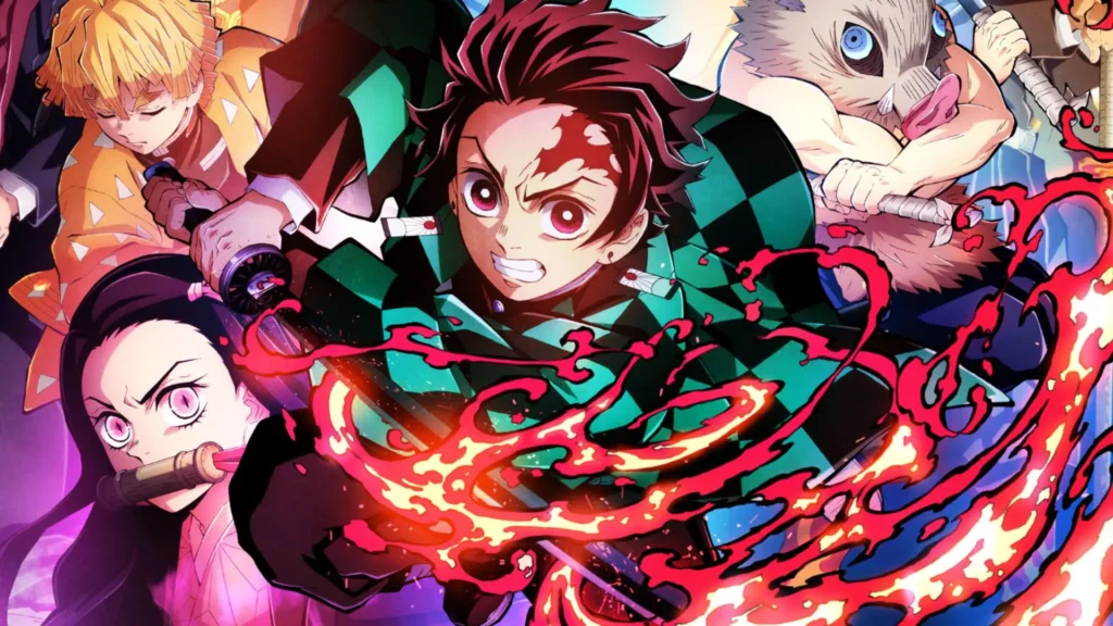 Cena de ação do Castelo Infinito em Demon Slayer com personagens em confronto épico