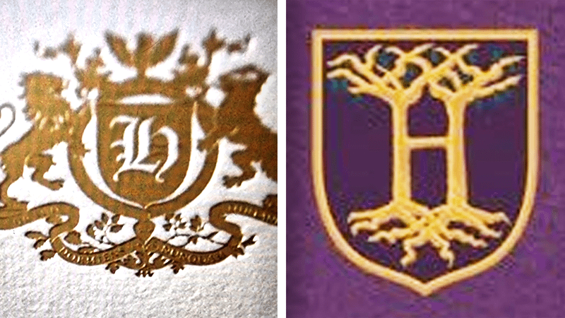 Detalhe do novo logo de Hogwarts com elementos dourados em fundo vermelho-escuro